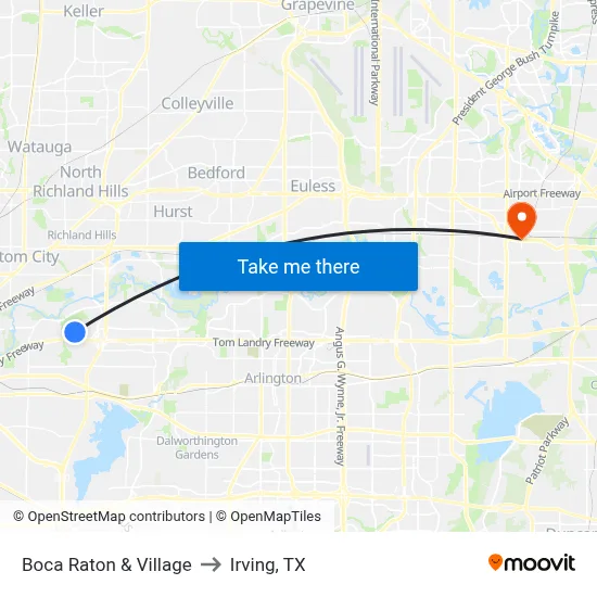 Boca Raton & Village to Irving, TX map