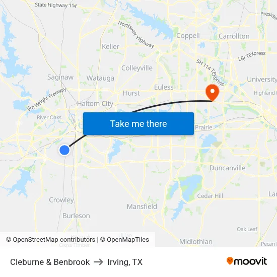 Cleburne & Benbrook to Irving, TX map