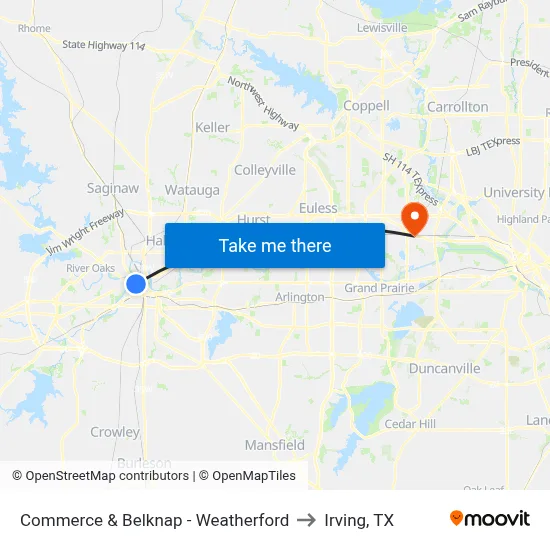 Commerce & Belknap - Weatherford to Irving, TX map