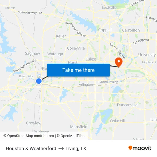 Houston & Weatherford to Irving, TX map