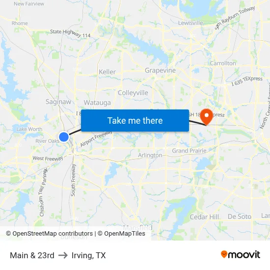 Main & 23rd to Irving, TX map
