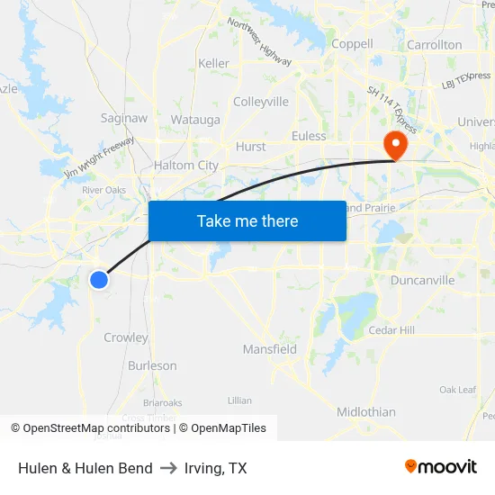 Hulen & Hulen Bend to Irving, TX map