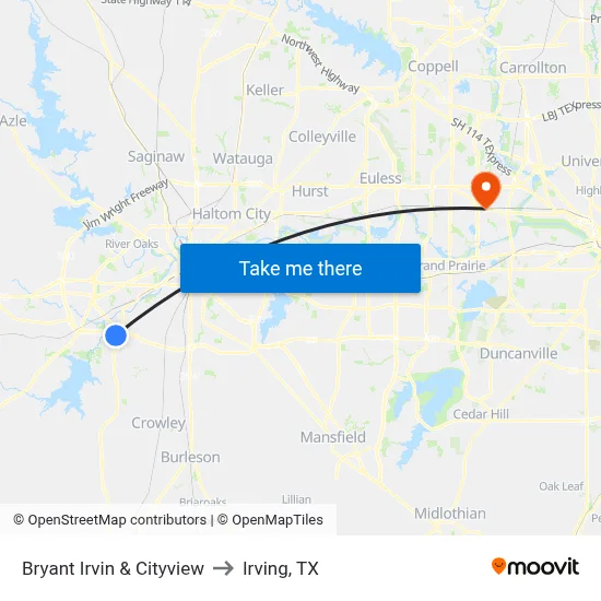 Bryant Irvin & Cityview to Irving, TX map