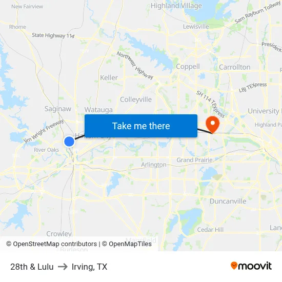 28th & Lulu to Irving, TX map