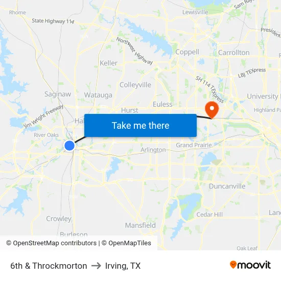 6th & Throckmorton to Irving, TX map