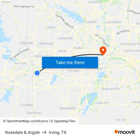 Rosedale & Argyle to Irving, TX map