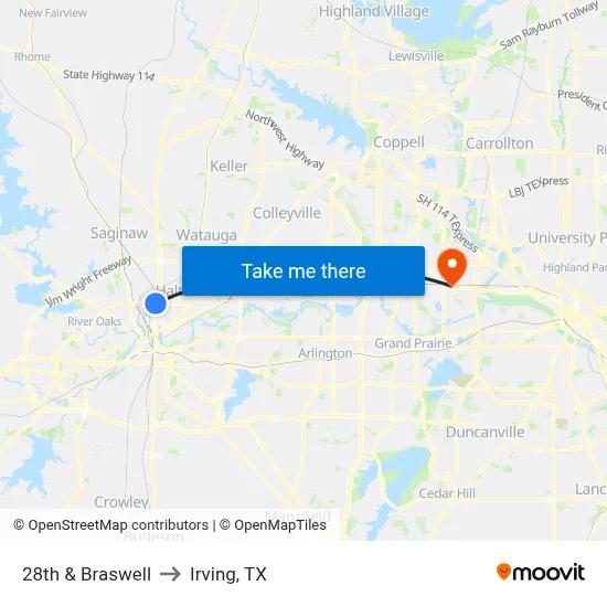 28th & Braswell to Irving, TX map