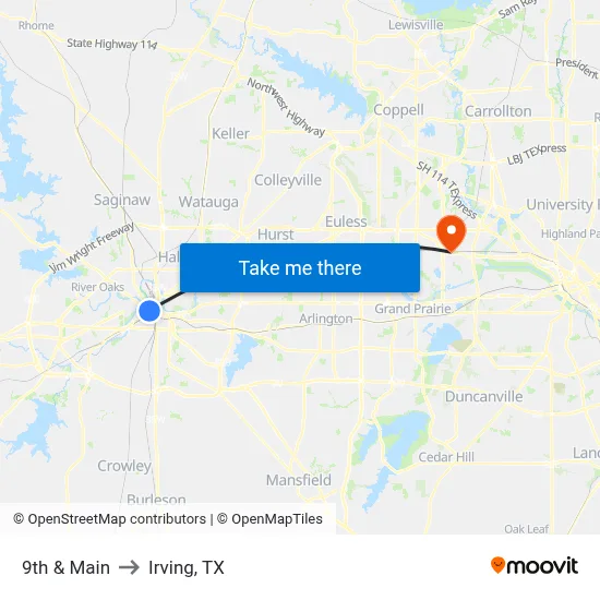 9th & Main to Irving, TX map