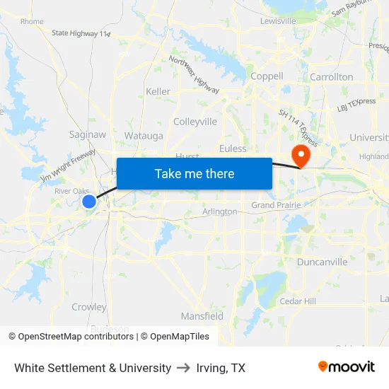 White Settlement & University to Irving, TX map