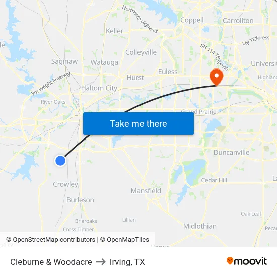 Cleburne & Woodacre to Irving, TX map