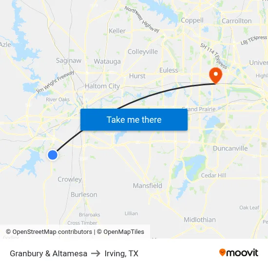 Granbury & Altamesa to Irving, TX map