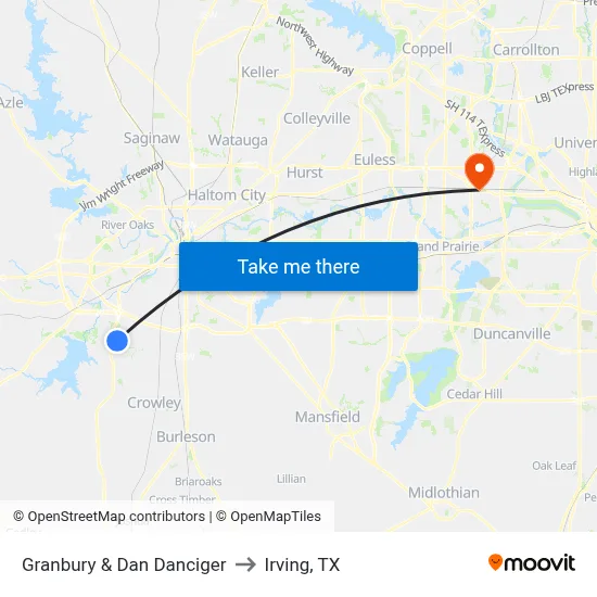 Granbury & Dan Danciger to Irving, TX map