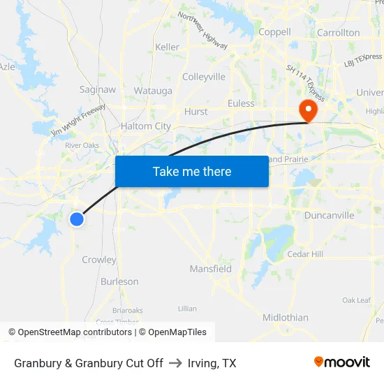 Granbury & Granbury Cut Off to Irving, TX map