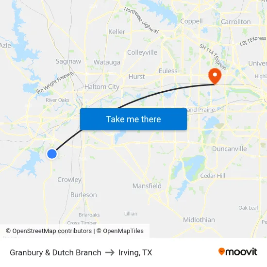 Granbury & Dutch Branch to Irving, TX map