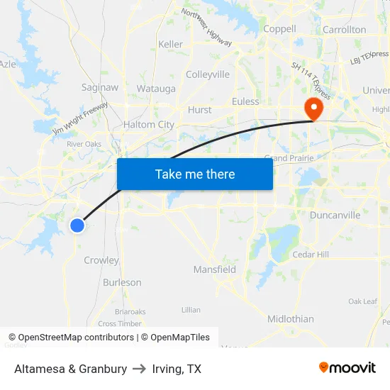 Altamesa & Granbury to Irving, TX map