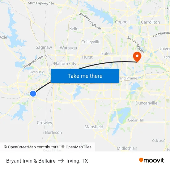 Bryant Irvin & Bellaire to Irving, TX map
