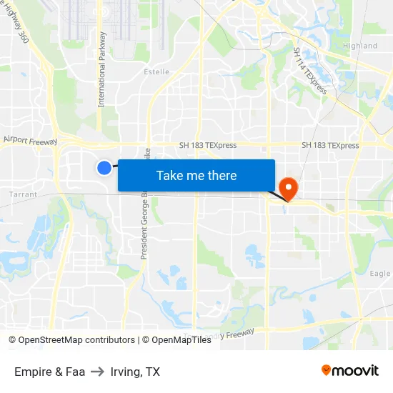 Empire & Faa to Irving, TX map