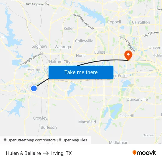 Hulen & Bellaire to Irving, TX map