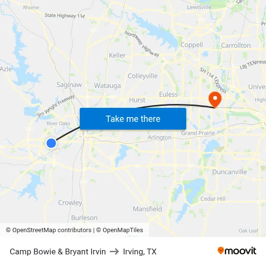 Camp Bowie & Bryant Irvin to Irving, TX map