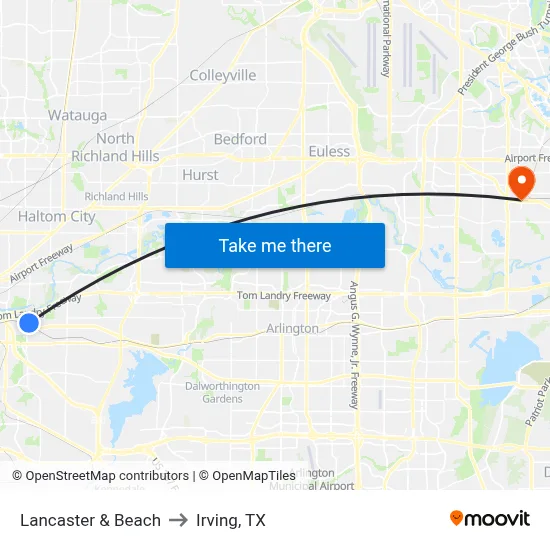 Lancaster & Beach to Irving, TX map