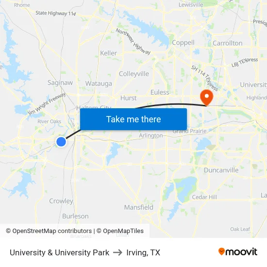 University & University Park to Irving, TX map
