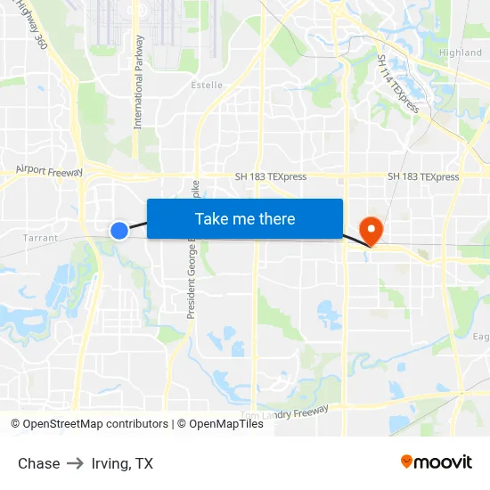 Chase to Irving, TX map