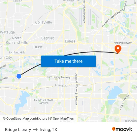 Bridge Library to Irving, TX map