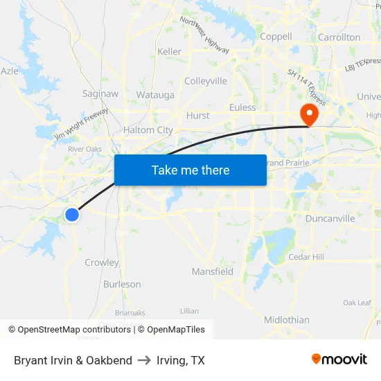 Bryant Irvin & Oakbend to Irving, TX map