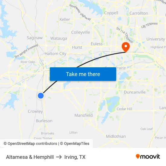 Altamesa & Hemphill to Irving, TX map