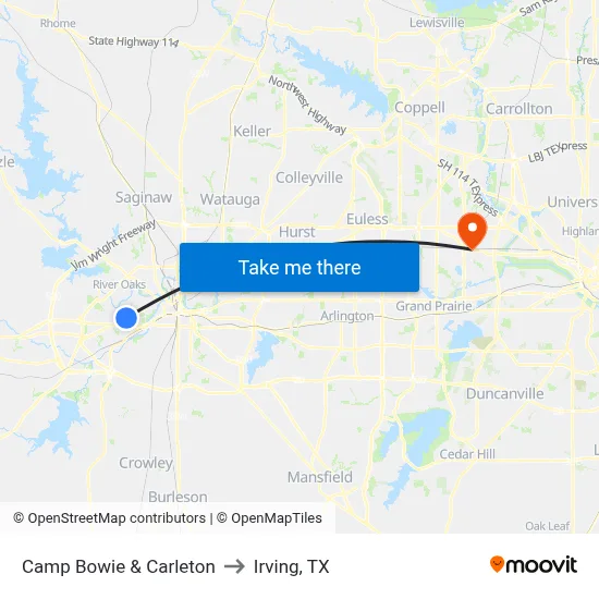 Camp Bowie & Carleton to Irving, TX map