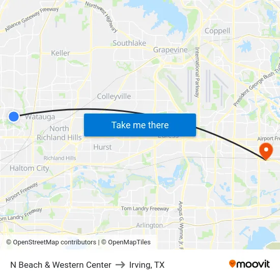 N Beach & Western Center to Irving, TX map
