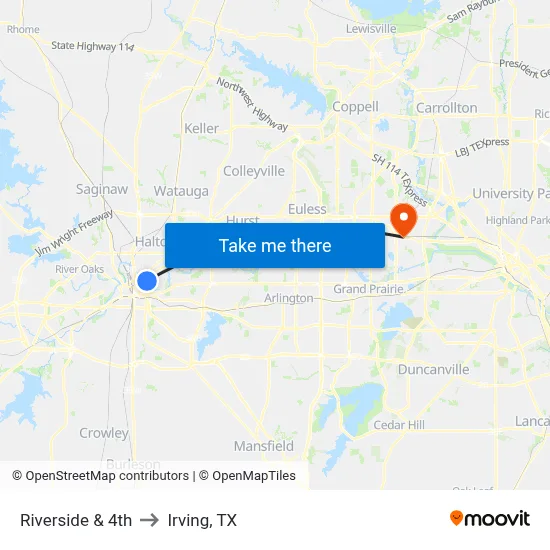 Riverside & 4th to Irving, TX map