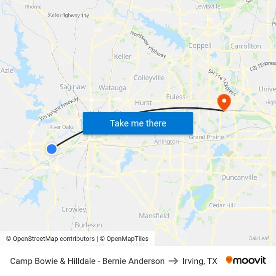 Camp Bowie & Hilldale - Bernie Anderson to Irving, TX map