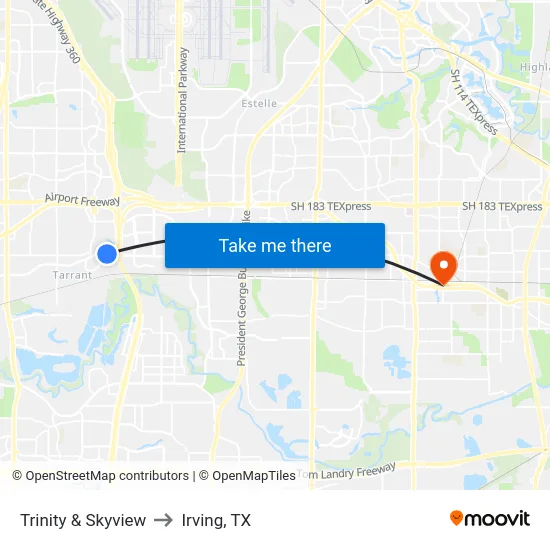 Trinity & Skyview to Irving, TX map
