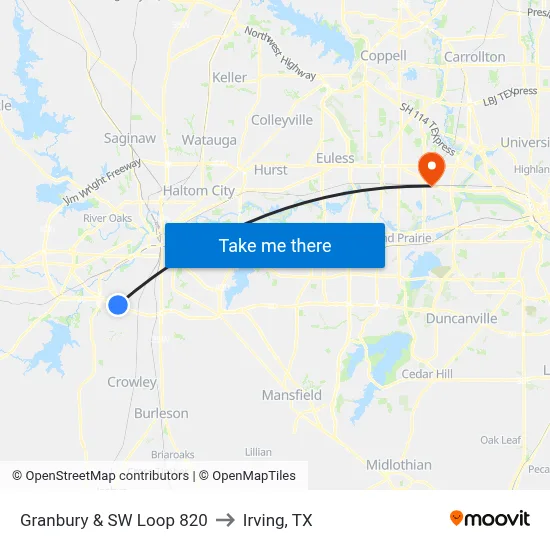 Granbury & SW Loop 820 to Irving, TX map