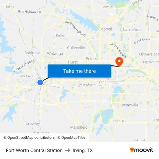 Fort Worth Central Station to Irving, TX map