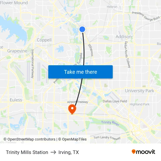 Trinity Mills Station to Irving, TX map