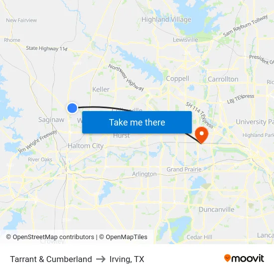 Tarrant & Cumberland to Irving, TX map