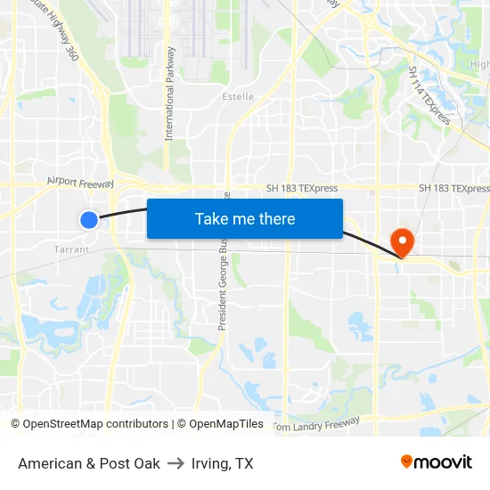 American & Post Oak to Irving, TX map