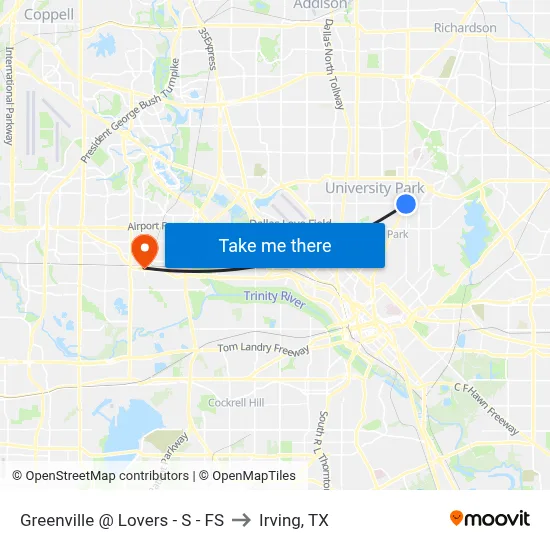 Greenville @ Lovers - S - FS to Irving, TX map