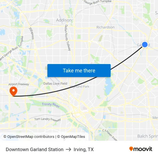Downtown Garland Station to Irving, TX map