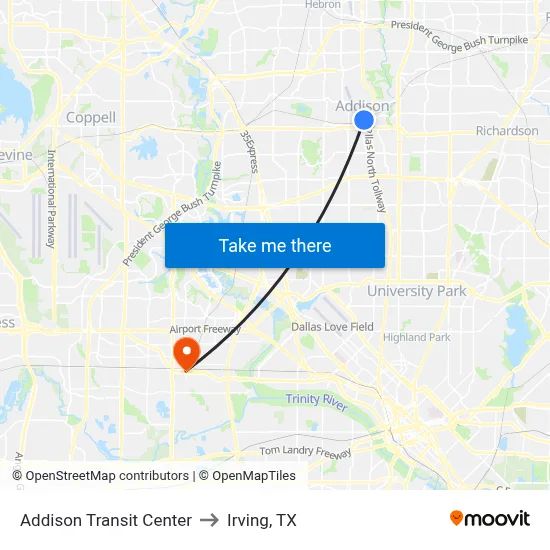 Addison Transit Center to Irving, TX map