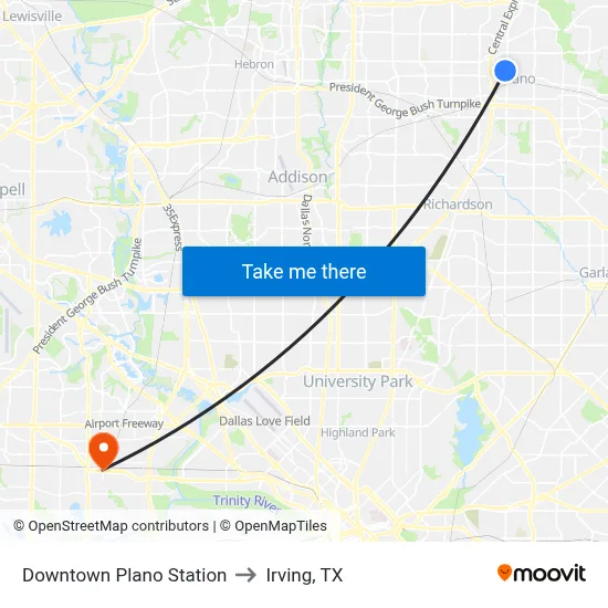 Downtown Plano Station to Irving, TX map