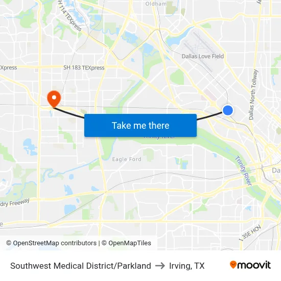 Southwest Medical District/Parkland to Irving, TX map