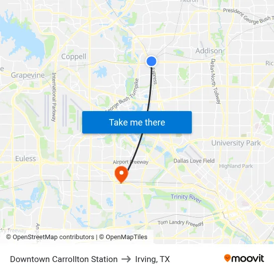 Downtown Carrollton Station to Irving, TX map