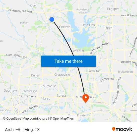 Arch to Irving, TX map