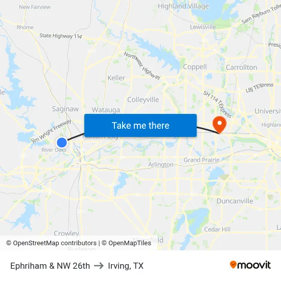 Ephriham & NW 26th to Irving, TX map