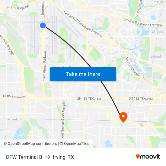 DFW Terminal B to Irving, TX map