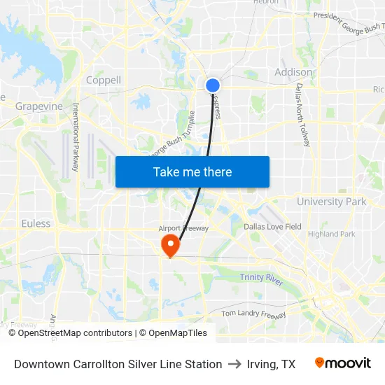 Downtown Carrollton Silver Line Station to Irving, TX map