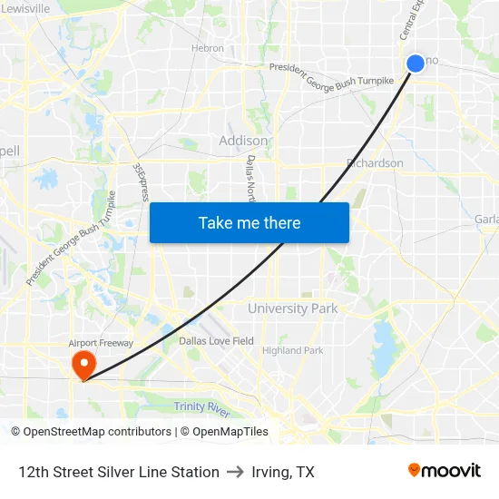 12th Street Silver Line Station to Irving, TX map